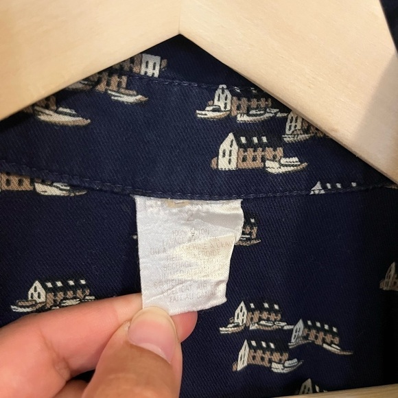 NAVY Blue Vintage Cotton Midi Dress Nautical Boats and Harbour Print Coastal - Picture 5 of 12